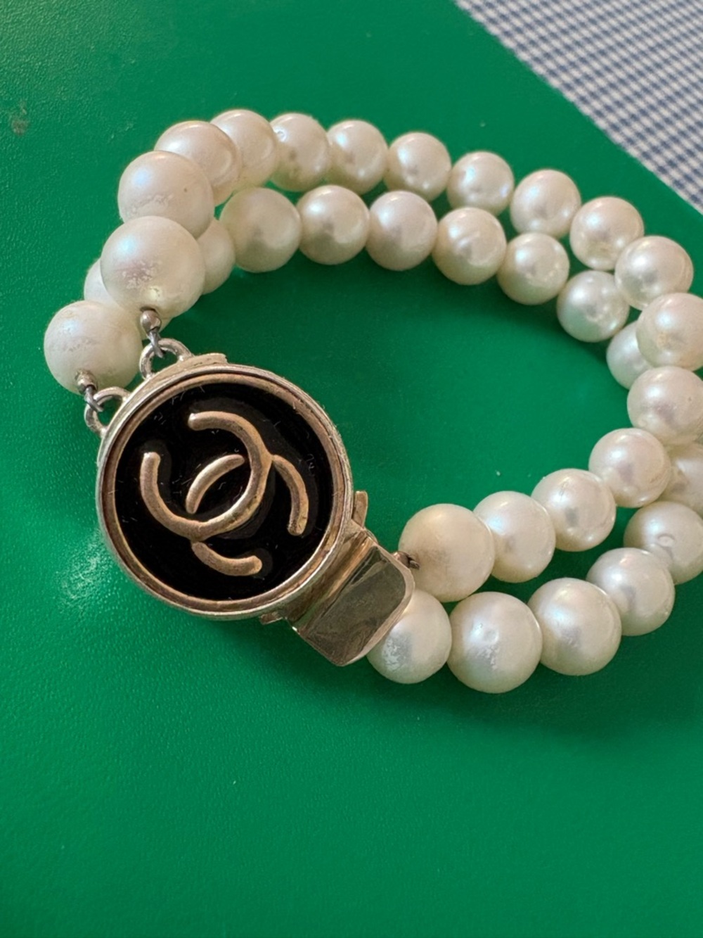 Val Colbert Vintage Chanel Button and Pearl with Sterling Clasp Bracelet
